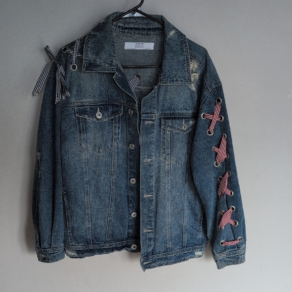 Zara Jackets & Blazers - Zara Blue Denim Distressed Jeans Jacket with Lace-Up Details. Size Medium